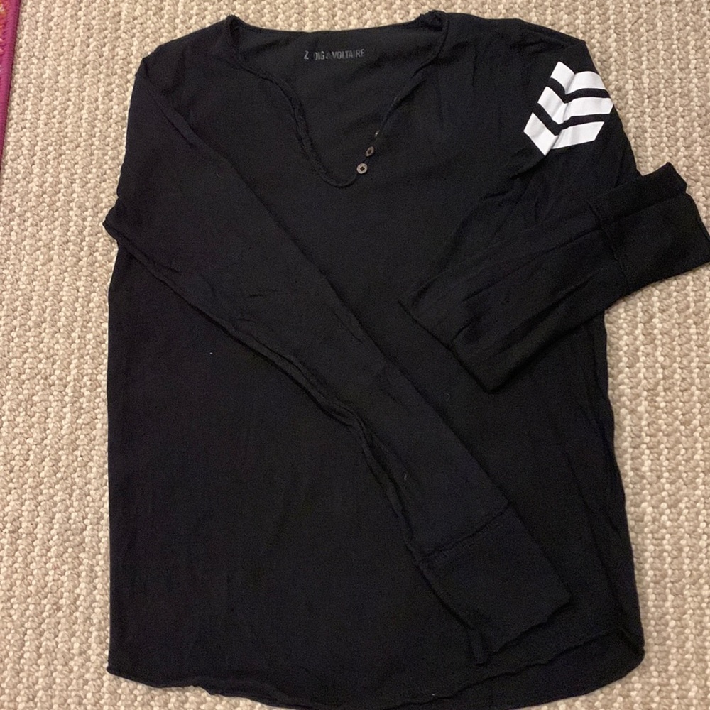 Zadig & Voltaire Black Long Sleeve Tee with White Arm Stripes